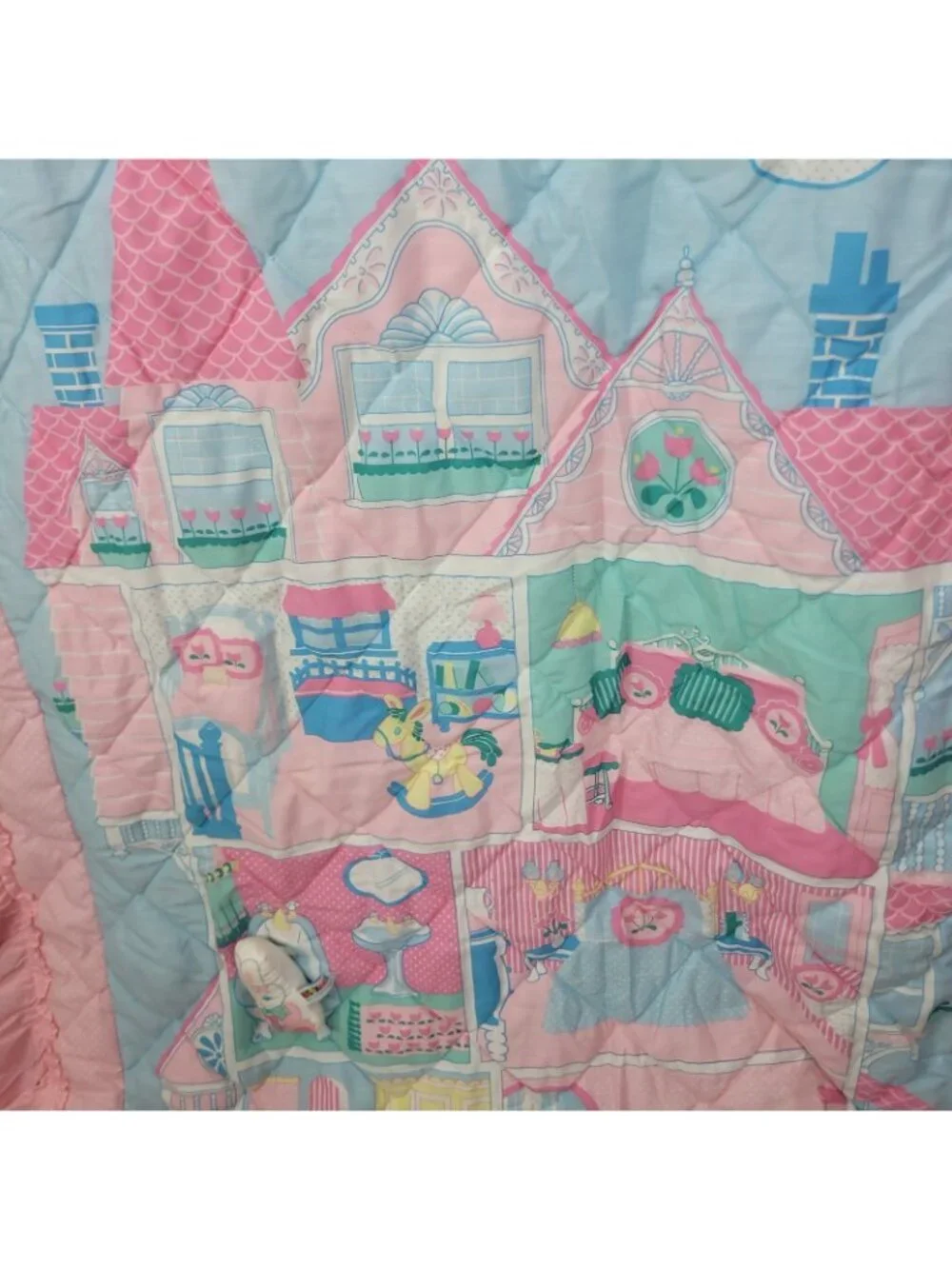 Vintage Bedkins Girls Ruffle Twin Comforter Coverlet Pink Plush Bunny Dollhouse